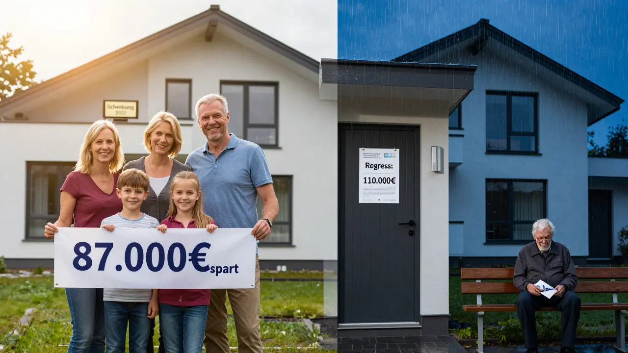 Gegenüberstellung: glückliche Familie mit Haus und Steuereinsparung links, rechts dasselbe Haus mit Rückforderungsbescheid und einsamer Seniorin.