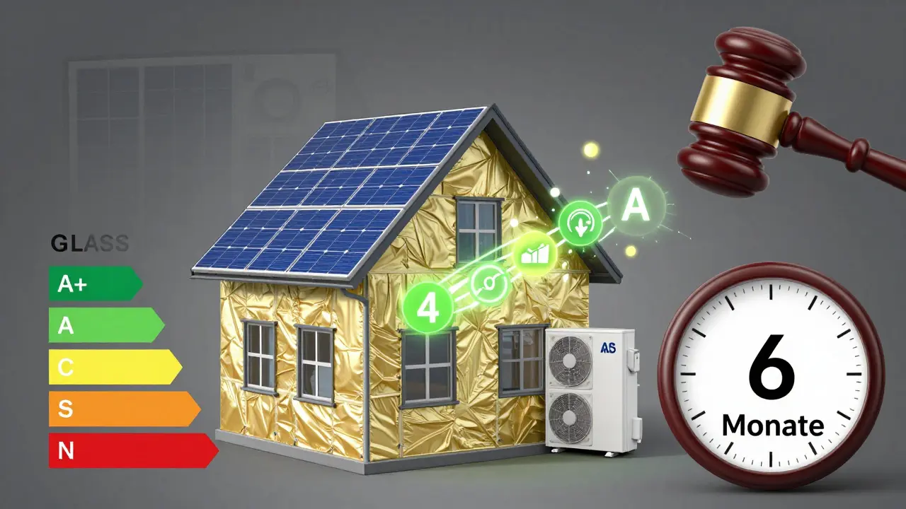 Haus verwandelt sich von Energieklasse G zu A+ durch Dämmung, Fenster und Wärmepumpe, mit rechtlichem Hinweis auf Frist.