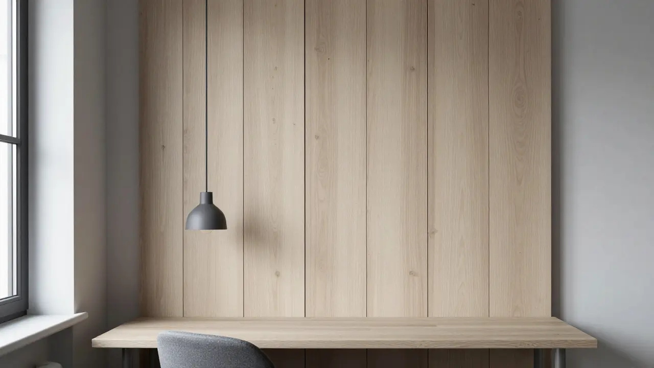 Helle Holzpaneele als Akzentwand in einem skandinavischen Arbeitszimmer mit natürlichem Licht.