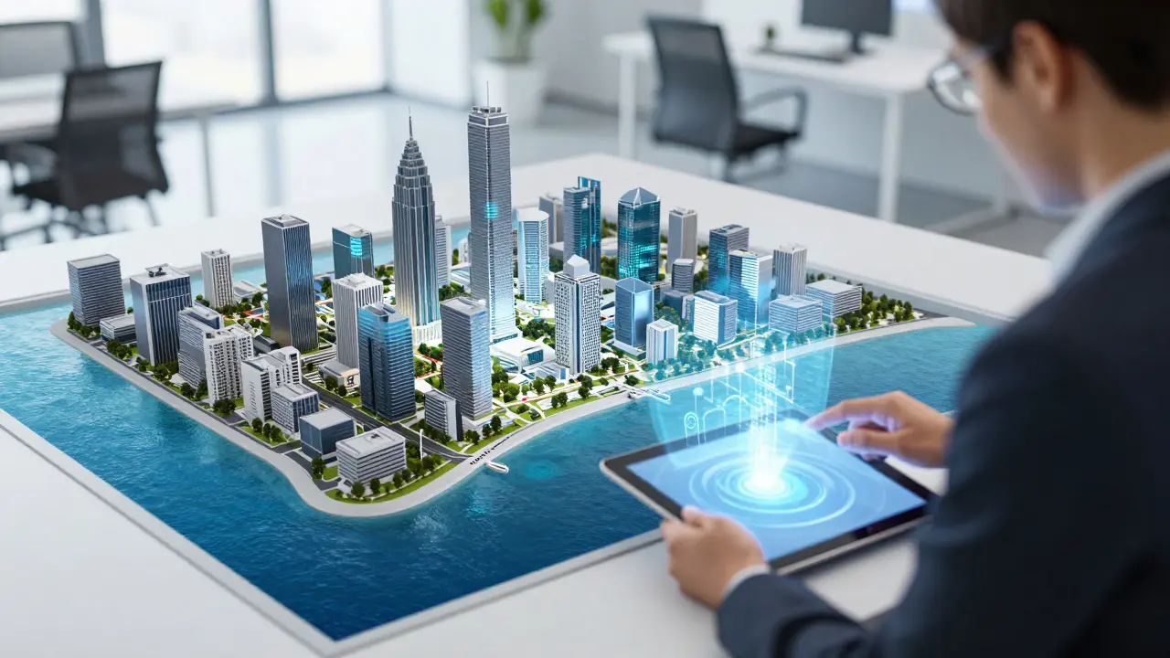 Holografische Stadtplanung auf einem digitalen Display.