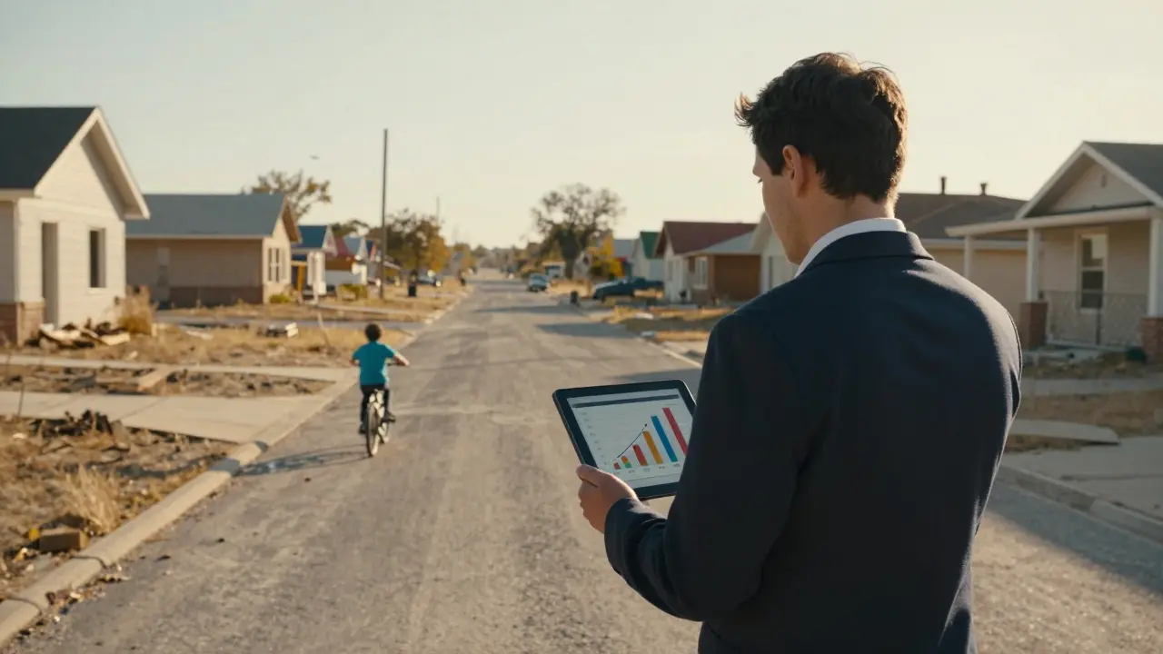 Immobilienexperte vor leerstehenden Häusern, auf Tablet sehen sich demografische Daten an, ein Kind fährt davon.