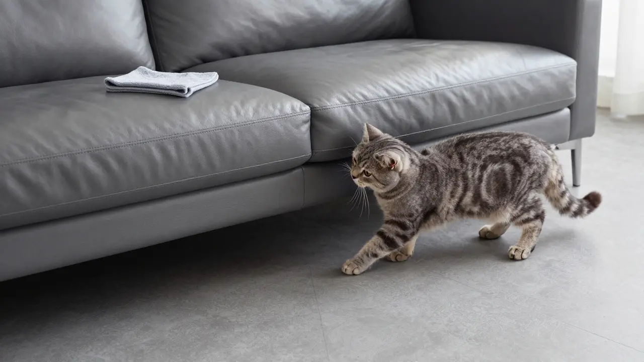 Kunstleder-Sofa mit Katze, die an der Seite kratzt, feuchter Lappen und strukturierter Vinylboden.