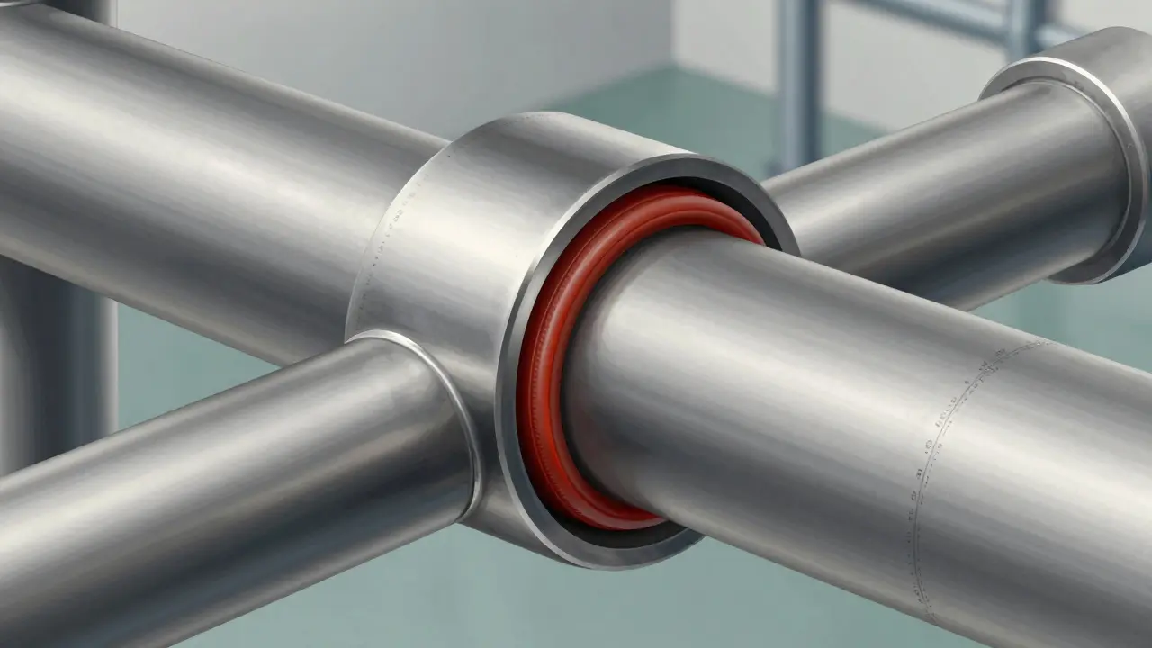 M-Profil-Fitting mit EPDM-Dichtung um ein Edelstahlrohr, detailreiche Querschnittsansicht.