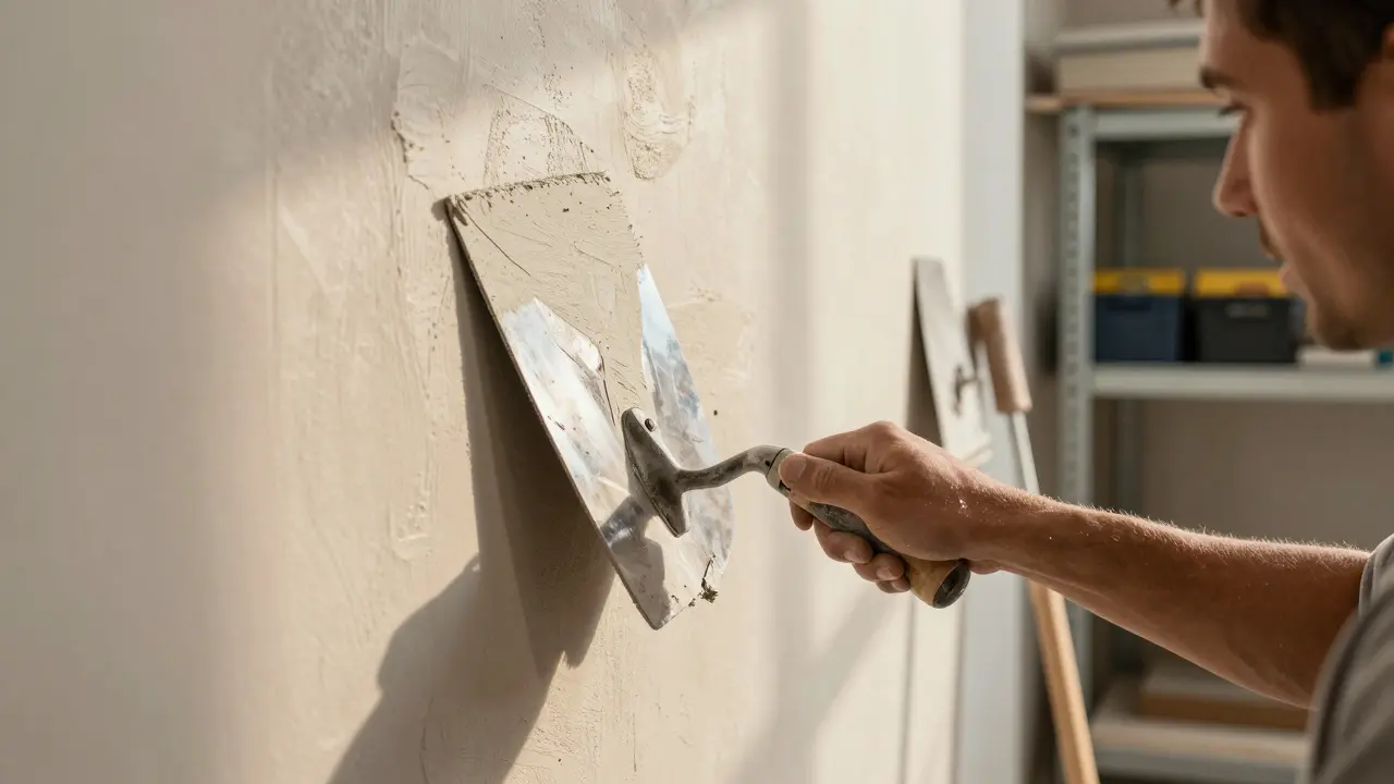 Maurer glättet mit einer Glättkelle frischen Putz an einer Wand, der Schwanenhals ist sichtbar.