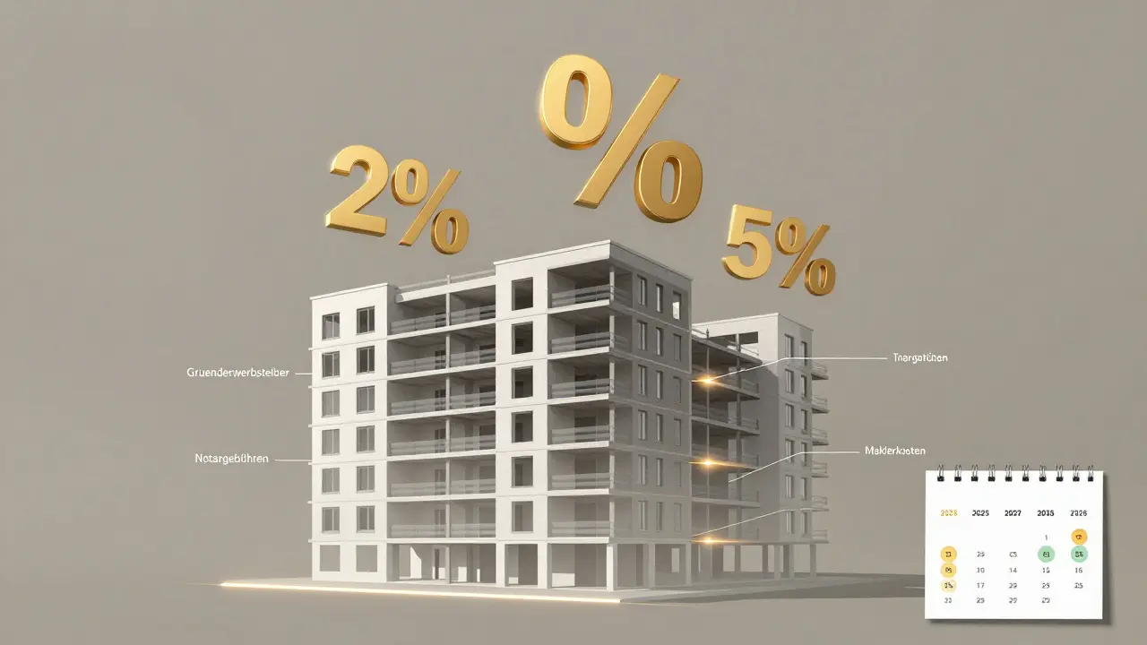 Modernes Wohngebäude mit goldenen Abschreibungsraten von 2%, 2,5% und 5% über den Jahren 2023–2026.