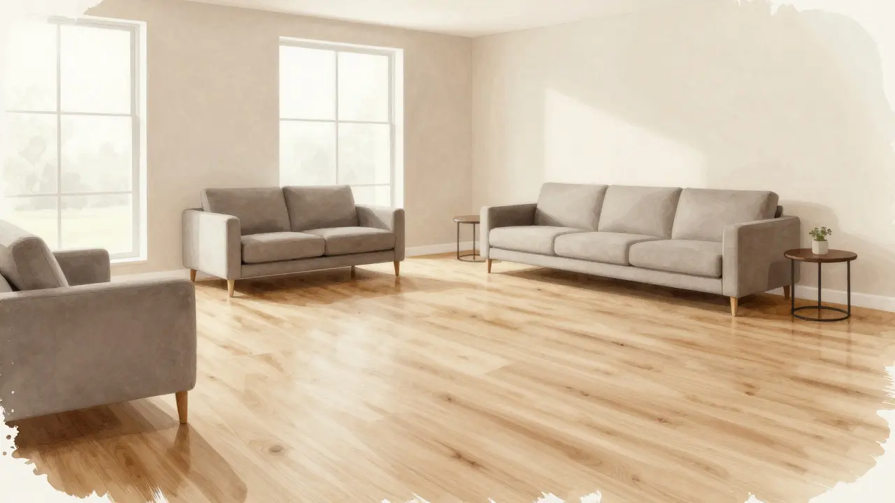 Neutrales Wohnzimmer mit neuen Böden und hellen Wänden, minimalistische Einrichtung.