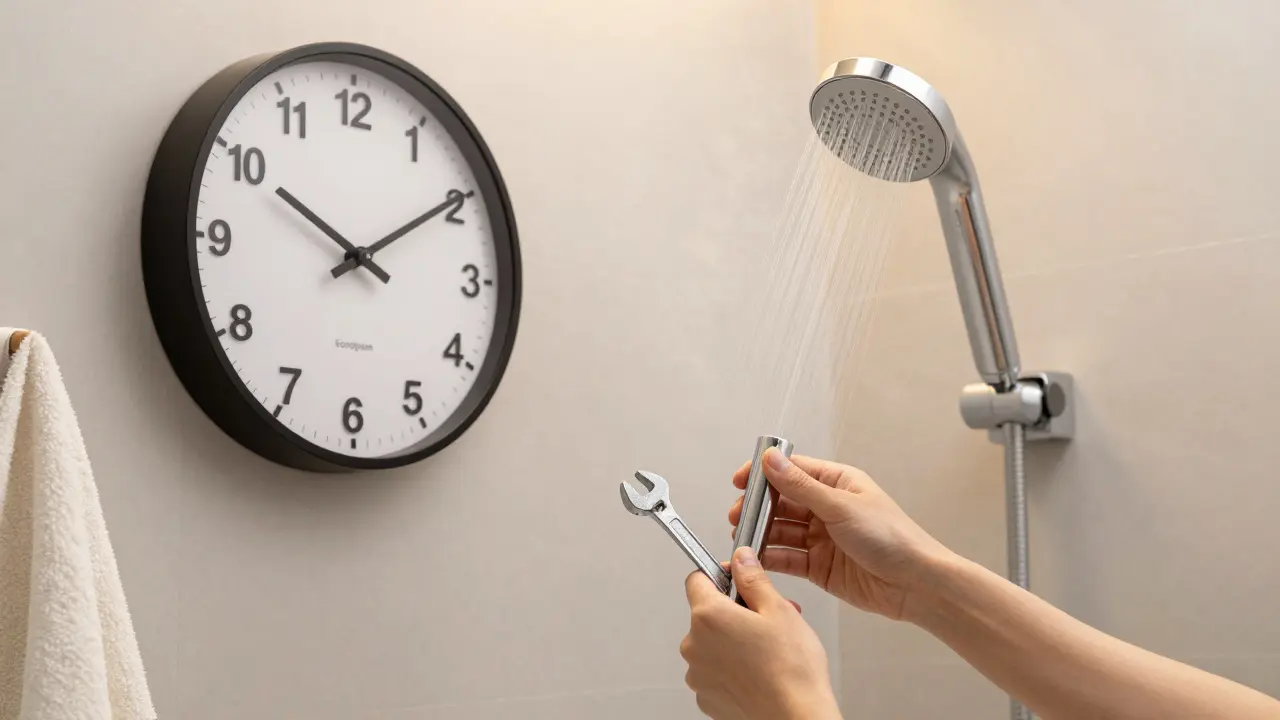 Person installiert einen Wassersparregler selbst mit einfachem Werkzeug in der Dusche.