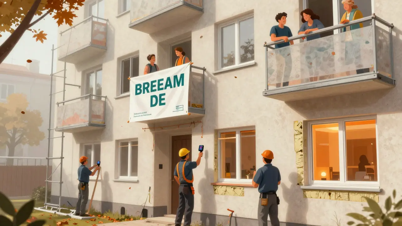 Sanierung eines alten Wohnhauses in Deutschland mit BREEAM-Zertifikat und Arbeitern bei Isolierarbeiten.