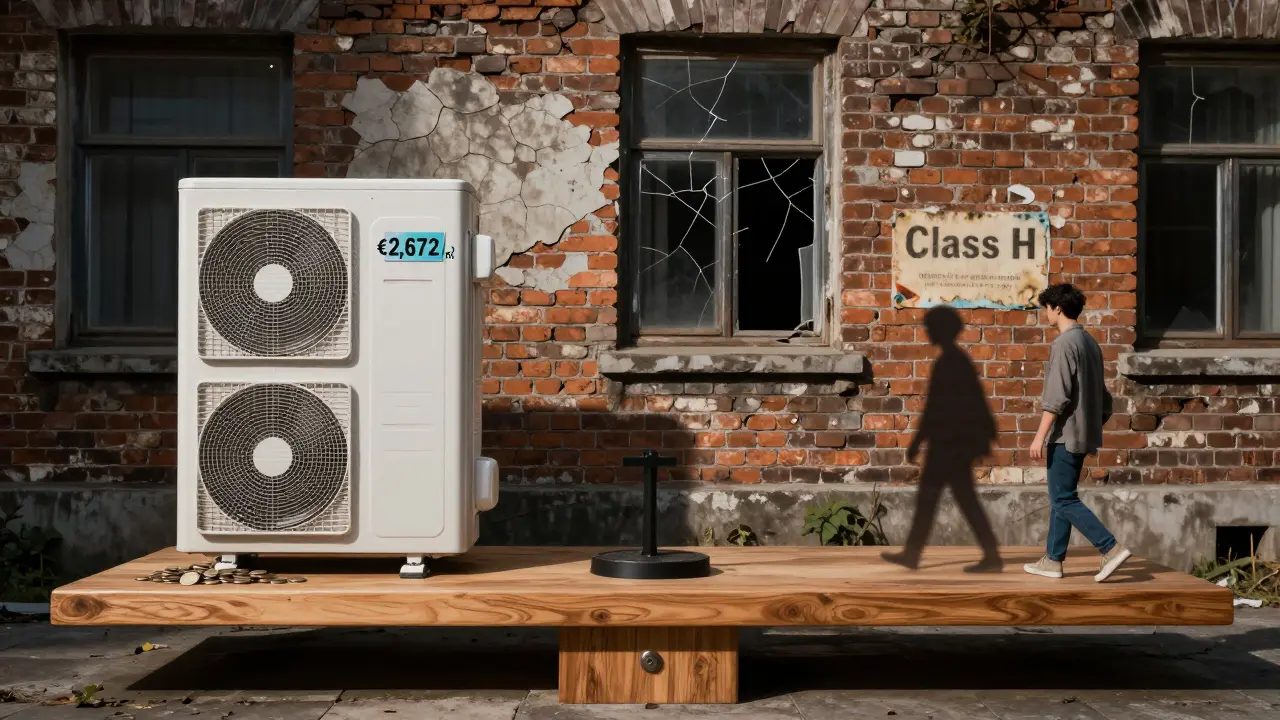 Scale balancing modern efficient home against crumbling old building, with price tags and energy labels, symbolizing value shift in real estate.