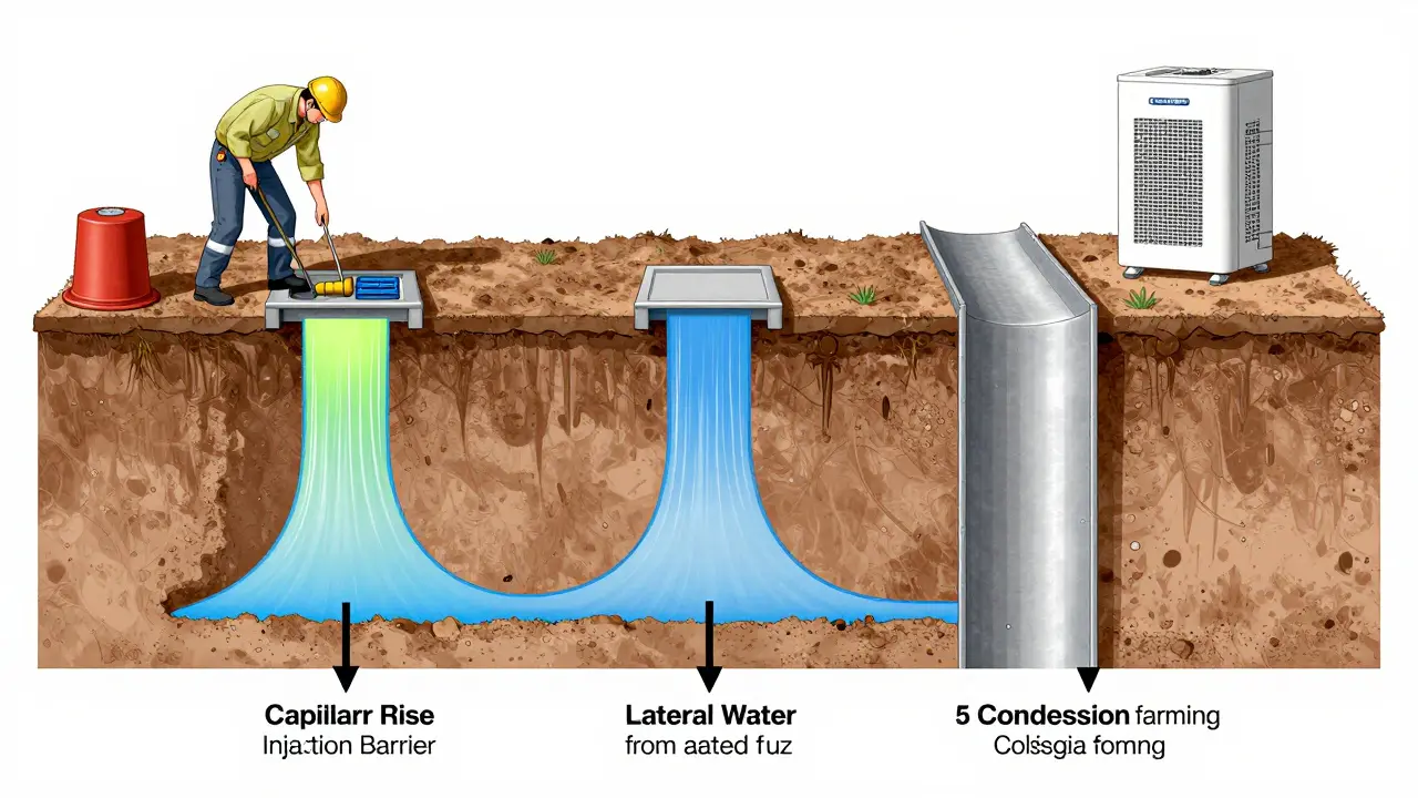 Schnittzeichnung eines Kellers mit drei Feuchtigkeitsquellen und Sanierungsmaßnahmen.