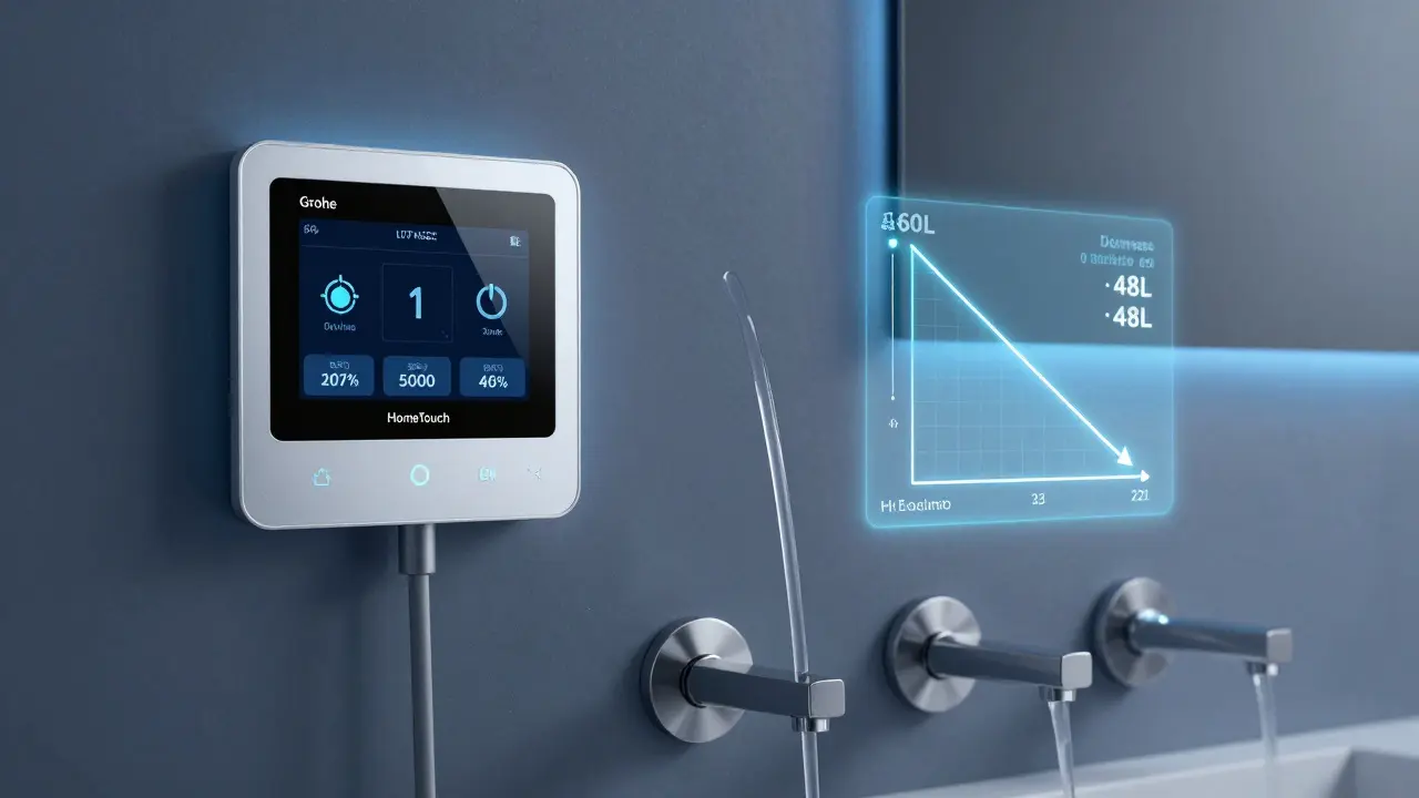 Smartes Badezimmer mit Echtzeit-Wasserverbrauchsanzeige und drei unterschiedlichen Wasserstrahlen.