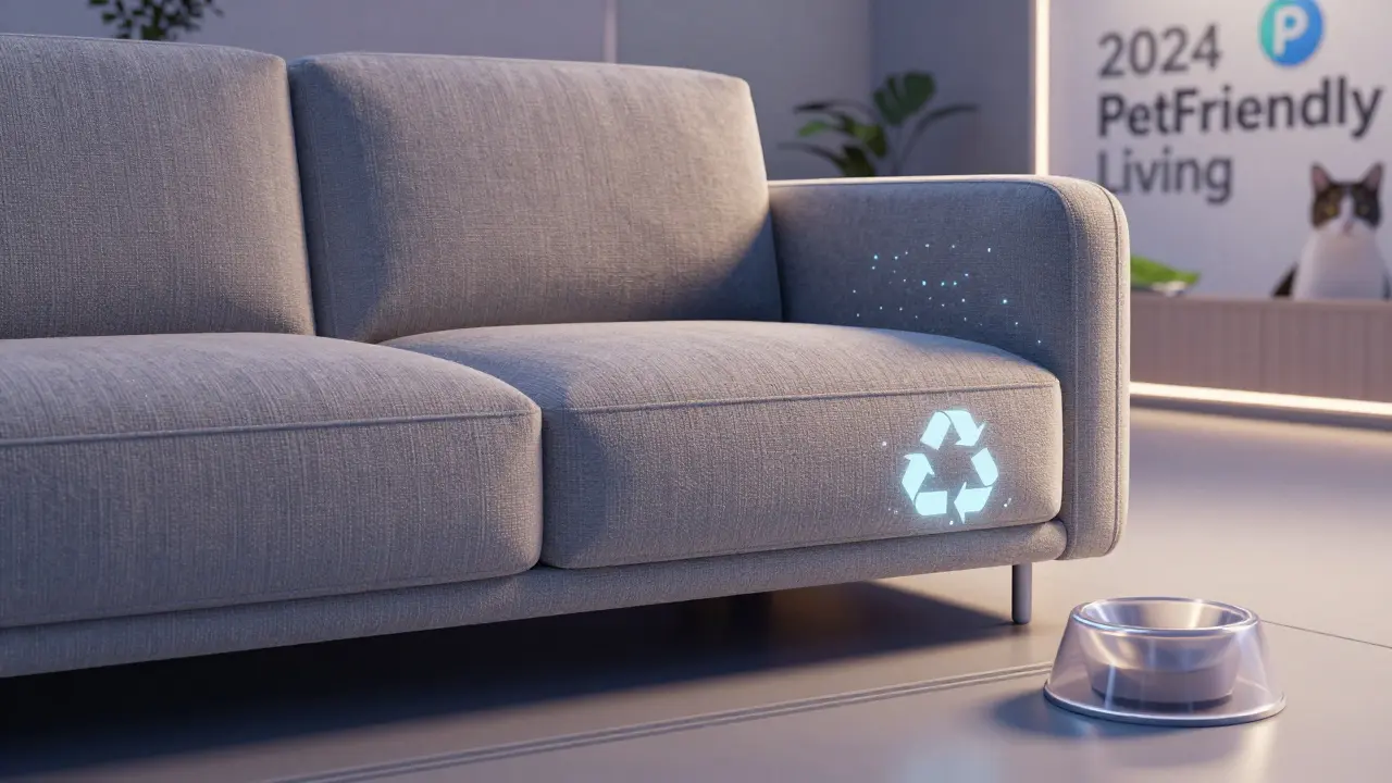 Smartes Sofa mit Sensoren, recyceltem Stoff und strukturiertem Boden, futuristischer Wohnraum.