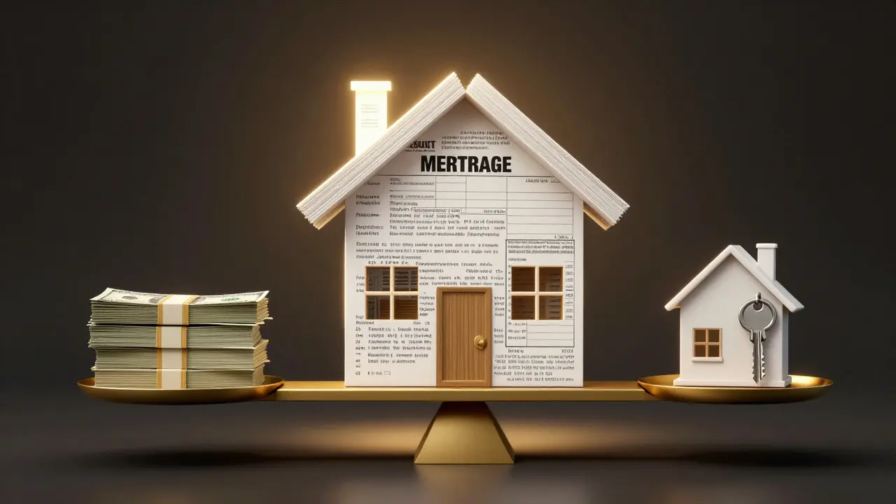 Symbolisches Bild einer Immobilie, die aus Finanzdokumenten aufgebaut ist, mit einer Waage aus Geld und Hausschlüssel.