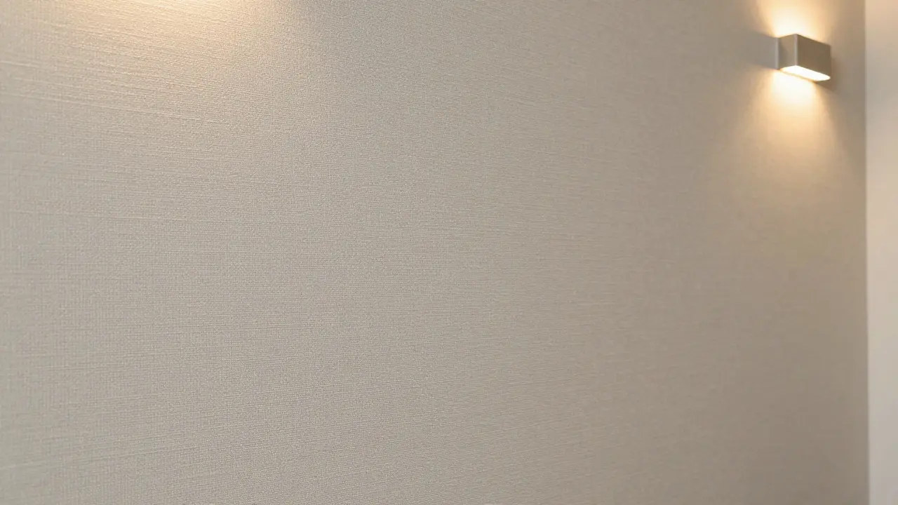 Texturierte Tapete als Akzentwand in einem ruhigen Schlafzimmer mit warmen Wandlampen.