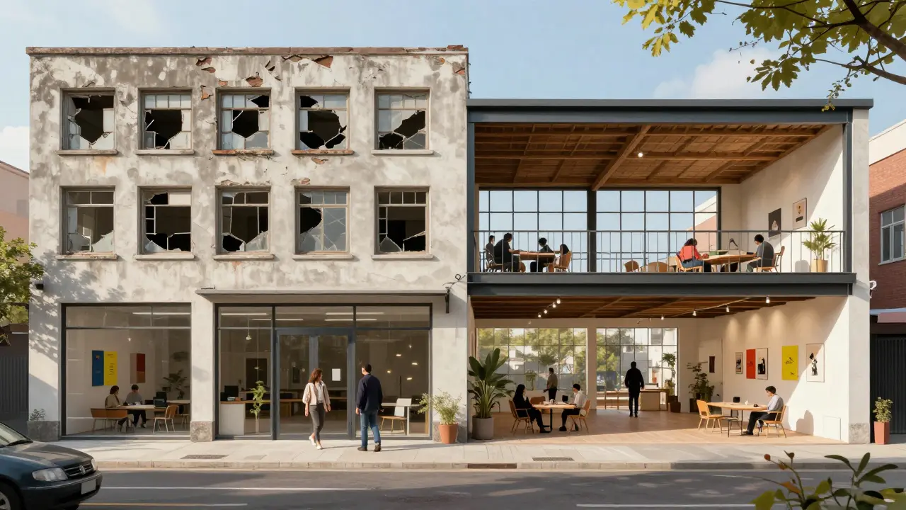 Umnutzung eines alten Bürogebäudes in moderne Wohnungen und einen Co-Working-Space mit lebendigem Betrieb.