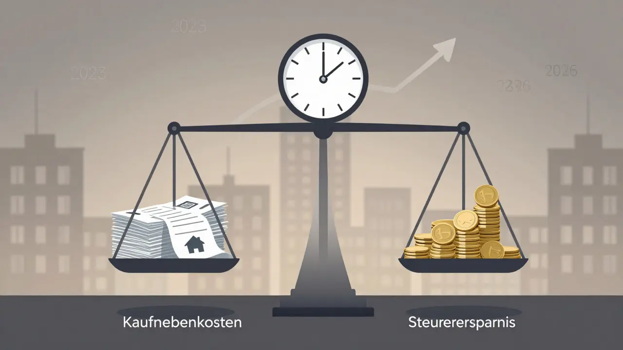 Waage mit Kaufkosten auf einer Seite und steuerlichen Einsparungen auf der anderen, symbolisch dargestellt.