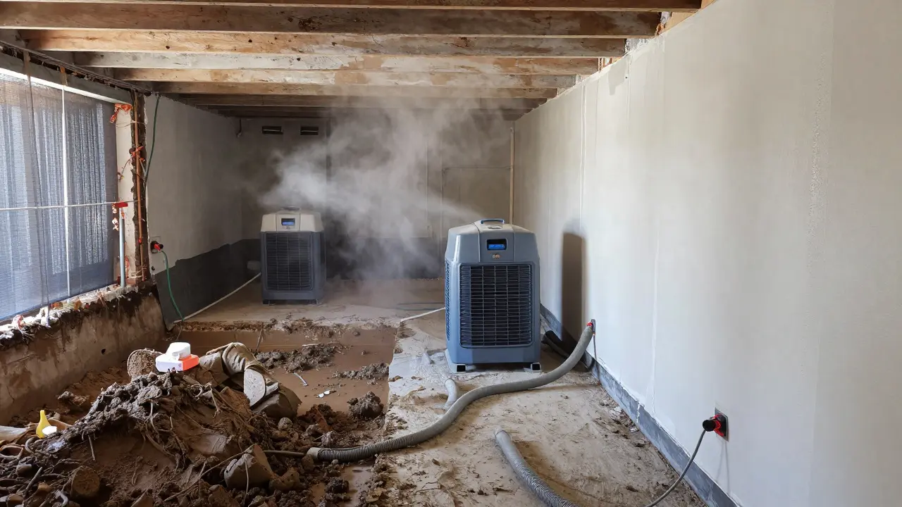 Zeitverlauf einer Kellersanierung: Außenabdichtung, Trockner und Sanierputz.