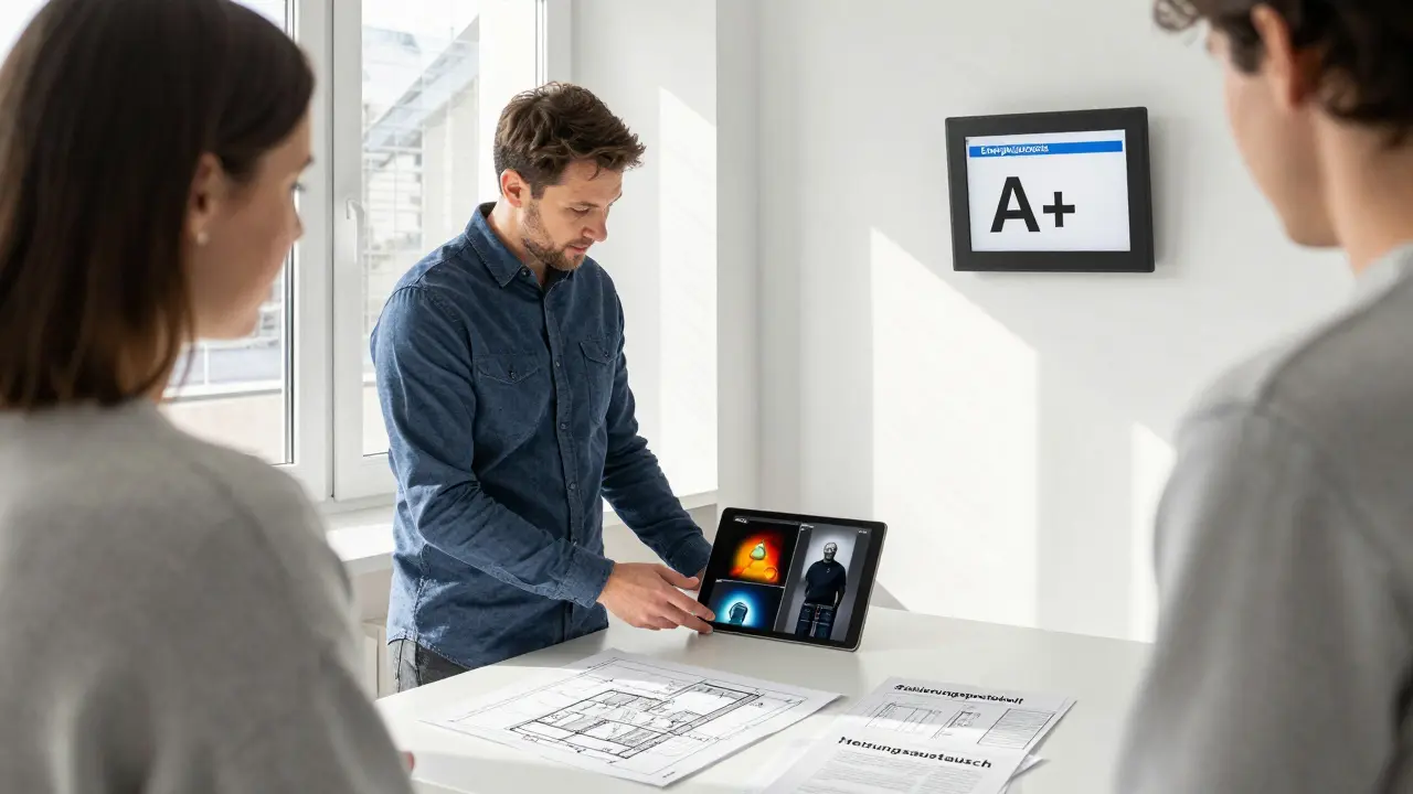Zertifizierter Energieberater prüft Sanierungsunterlagen mit einem Tablet in einem Büro, A+-Energieklasse auf dem Bildschirm.