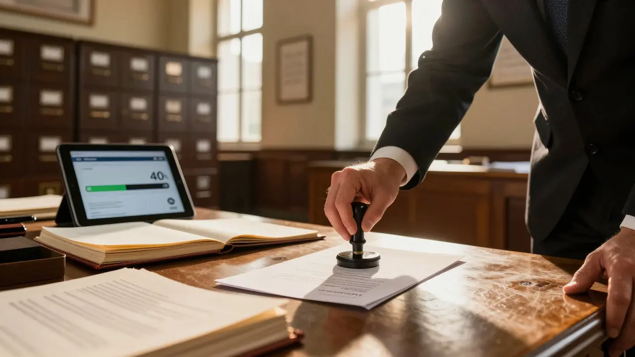 Büroangestellter im Grundbuchamt stempelt rechtliche Dokumente mit traditionellem Siegel.