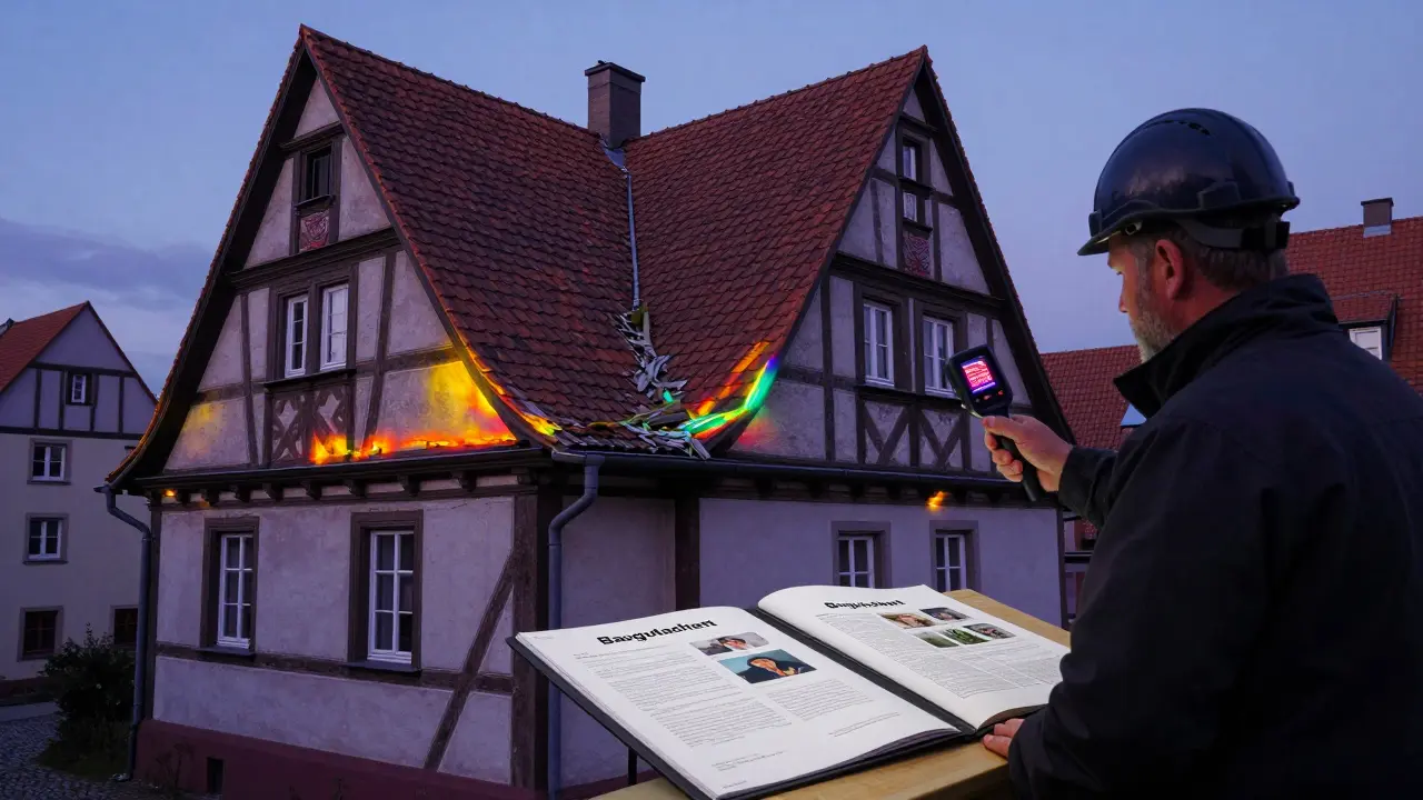 Dach mit verstopften Dachrinnen und Wärmebildern, die Isolationslücken zeigen.