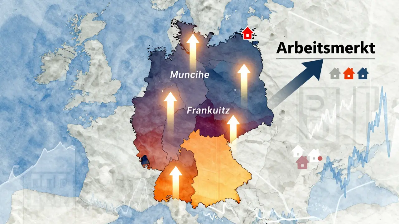 Deutschlandkarte mit leuchtenden Hotspots für Immobilienpreisanstiege in München, Frankfurt und Köln.