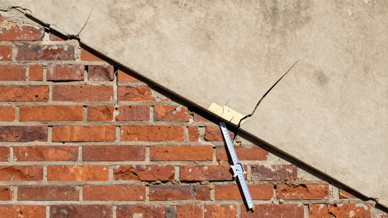 Diagonaler Riss über zwei Geschosse mit Messgerät, das Breite über 2 mm anzeigt.