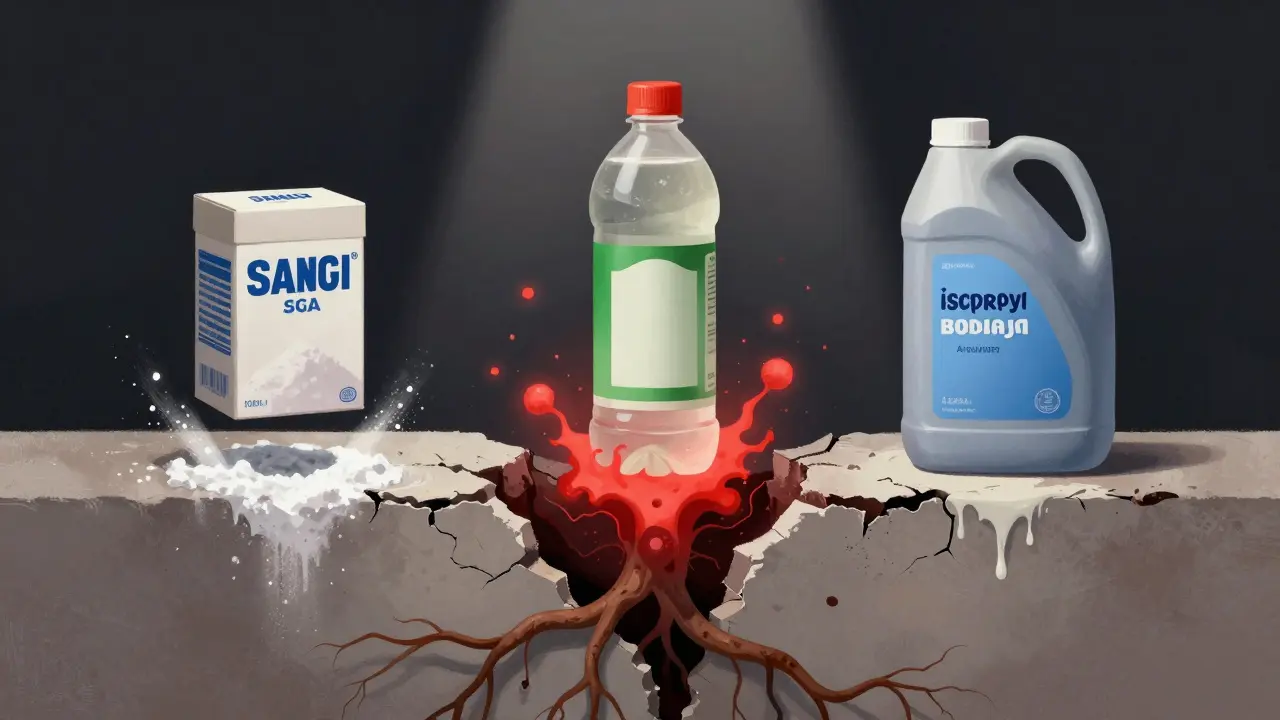 Drei Haushaltsmittel über einer wand mit Pilzwurzeln: Backpulver, Essig und Alkohol — nur Alkohol zerstört die Sporen.