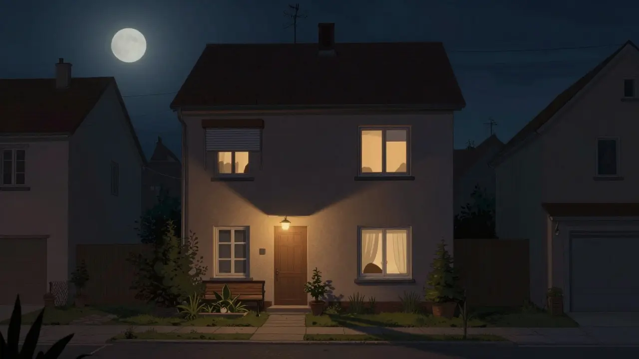 Ein deutsches Einfamilienhaus abends mit unregelmäßig beleuchteten Fenstern und bewegten Rolladen — kein Mensch zu sehen, aber Leben zu spüren.