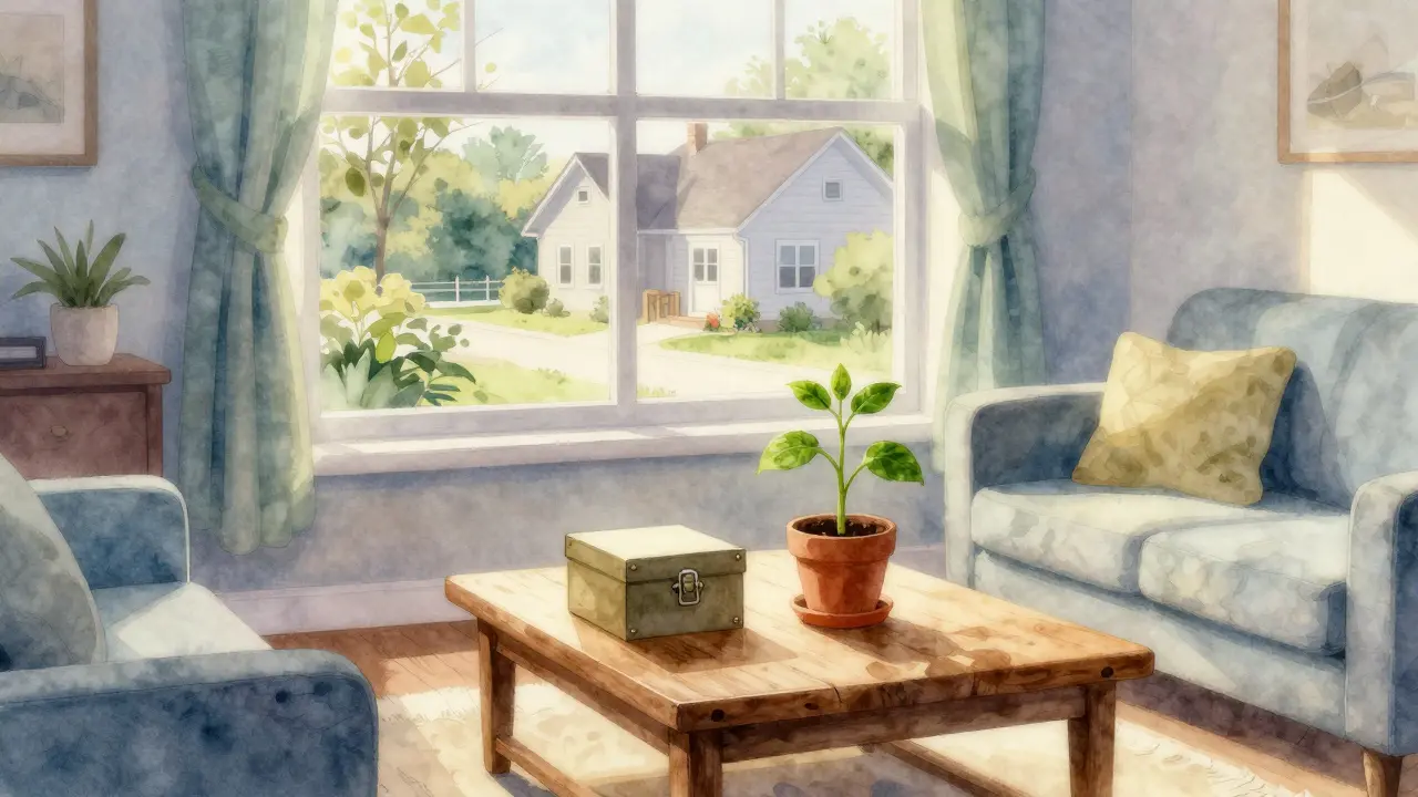 Ein gemütliches Wohnzimmer mit einem sicheren Behälter und Pflanze.