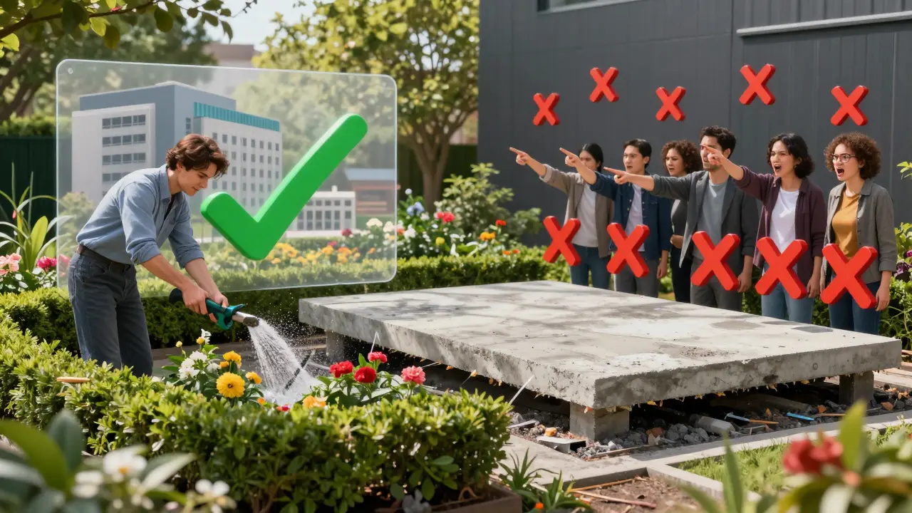 Ein gespaltener Garten: links ordentlich und legal, rechts mit Beton und verbotenen Bauten, symbolisiert Recht und Verstoß in einer Wohnungseigentümergemeinschaft.