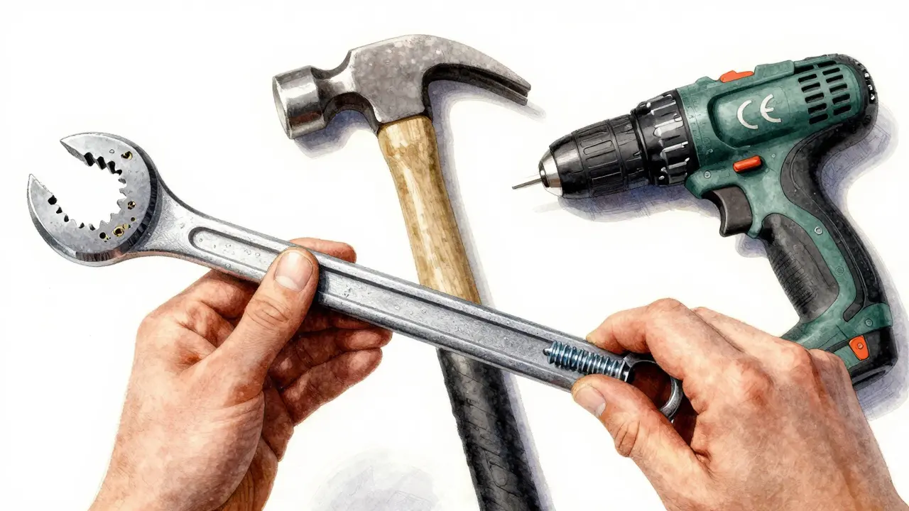 Ein Handwerker testet einen Ringschlüssel: der billige hat den Schraubenkopf abgerundet, der qualitativ hochwertige greift sicher.