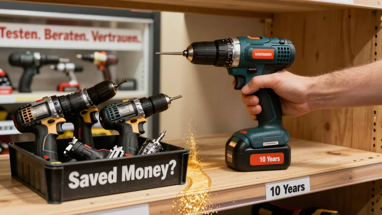 Ein hochwertiges Akkuschrauber-Gerät wird auf eine Ablage mit der Aufschrift '10 Jahre' gelegt, während fünf kaputte billige Geräte in einem Mülleimer liegen.
