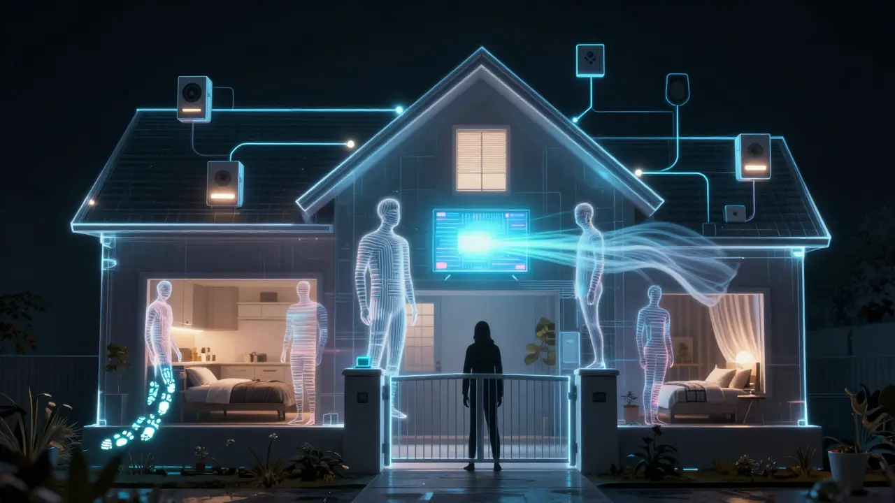 Ein transparentes Haus mit digitalen Verbindungen zwischen Lichtern, Rolladen und Lautsprechern, die menschliche Bewegungen simulieren — ein Einbrecher zögert vor der Tür.