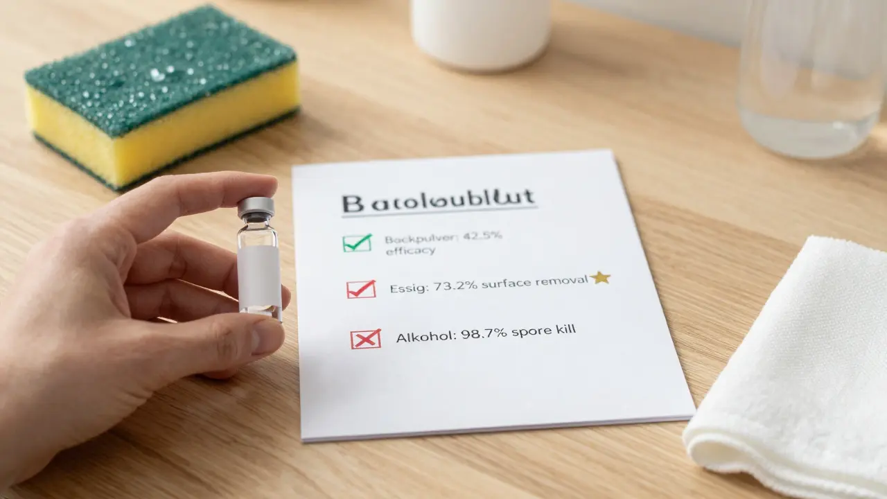 Eine Flasche Alkohol neben einer Vergleichsliste, die die Wirksamkeit von Backpulver, Essig und Alkohol gegen Schimmel zeigt.