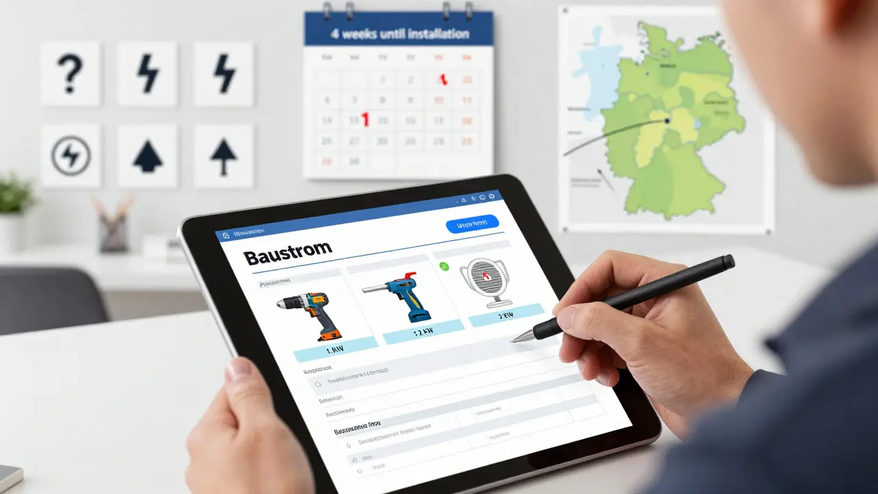 Eine Person füllt digital einen Baustrom-Antrag aus, mit Leistungsangaben für Bohrer, Staubsauger und Heizlüfter auf dem Bildschirm.