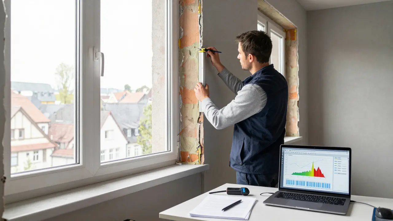 Energieberater misst Dämmung in einem Mehrfamilienhaus in Freiburg