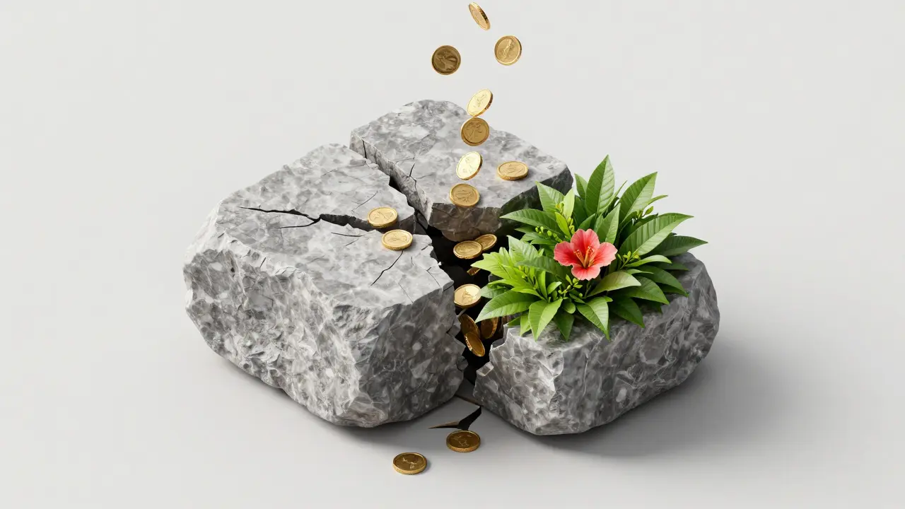 Goldene Münzen verwandeln einen grauen Steinblock in blühende Pflanzen.