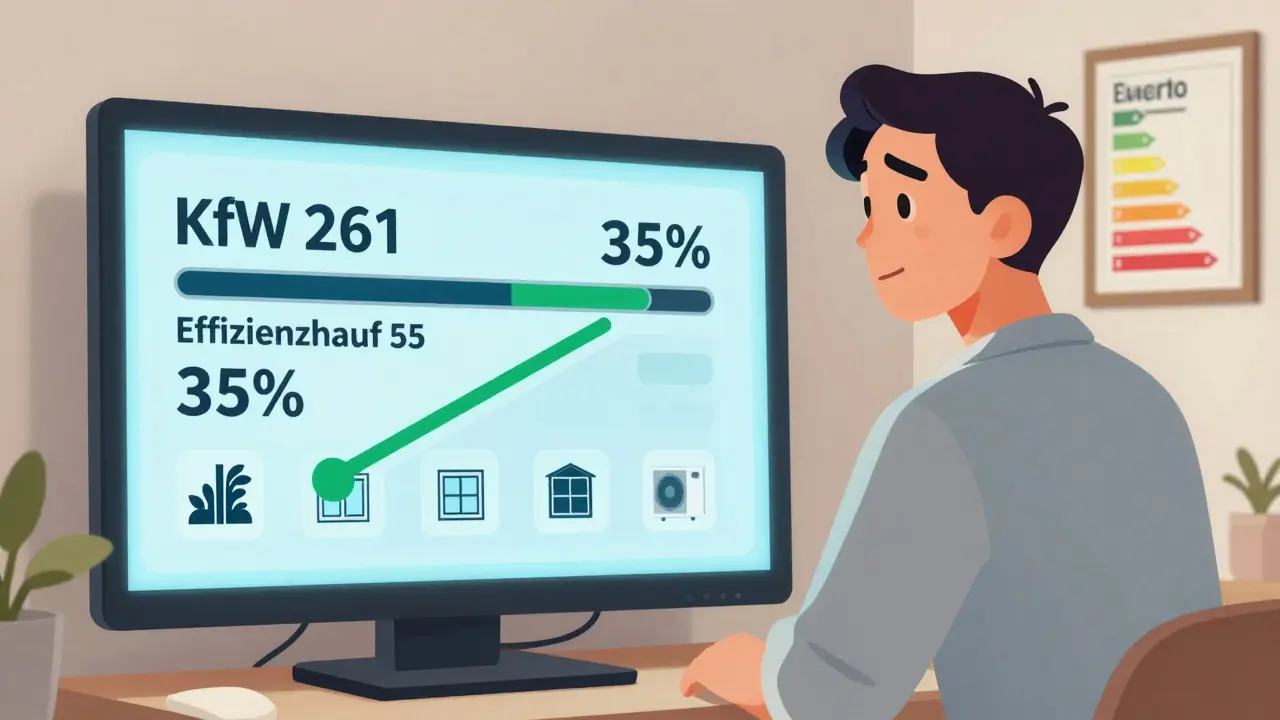 Hausbesitzer vor einem digitalen Dashboard, das einen KfW 261-Förderzuschuss von 35 % für ein Effizienzhaus 55 anzeigt.