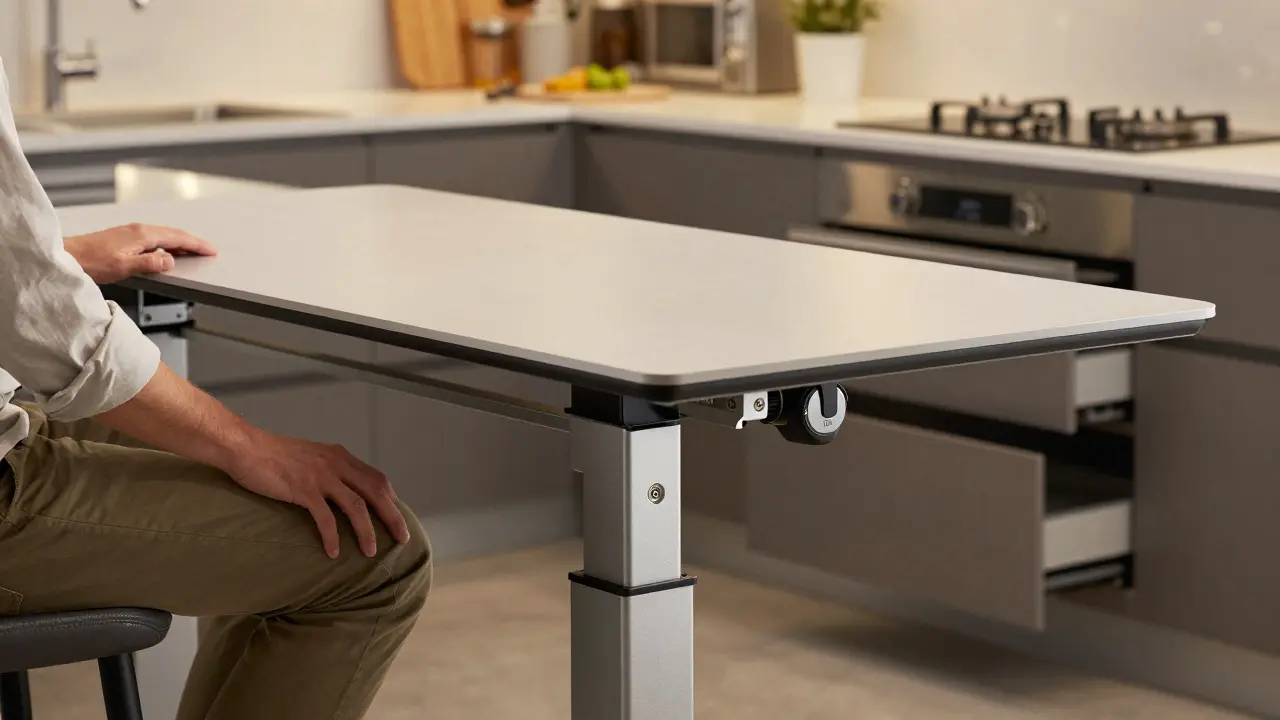 Höhenverstellbare Küchenarbeitsplatte wird von sitzendem Nutzer bedient, sichtbarer elektrischer Antrieb.