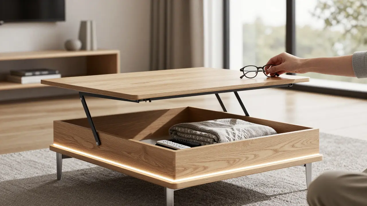 Integriertes Ablagefach im Couchtisch mit heller Holzplatte, während die Klappe geöffnet ist und Wäsche und Fernbedienung sichtbar sind.