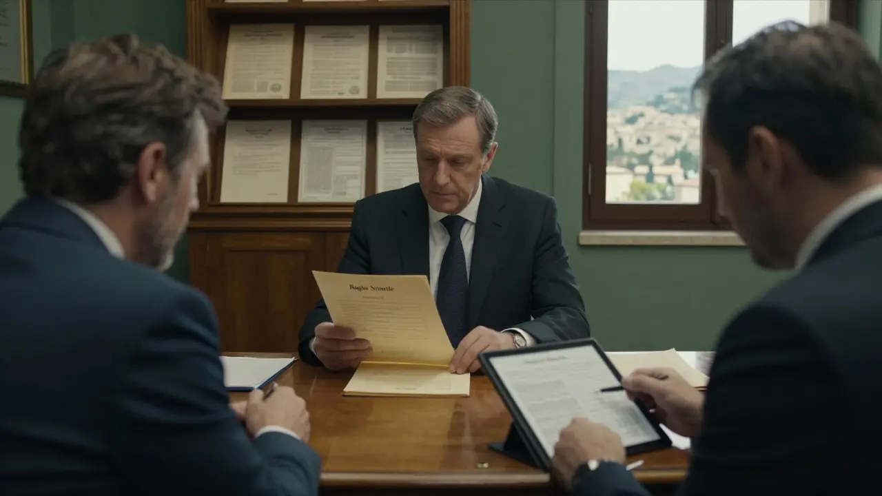 Italienischer Notar prüft Dokumente mit Käufer und Anwalt, Hintergrund mit Katasterakten und sizilianischer Landschaft.