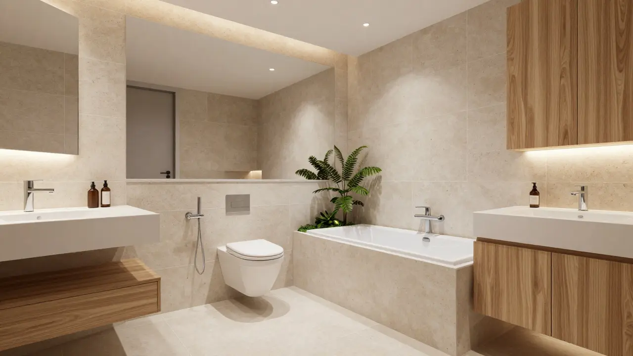 Kompaktes Badezimmer mit bodenhängender Sanitärkeramik und Spiegelwand