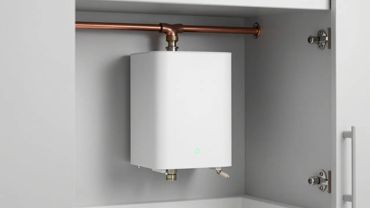 Moderne Wasserenthärtungsanlage mit Kupferrohren in technischer Unterbau-Umgebung.