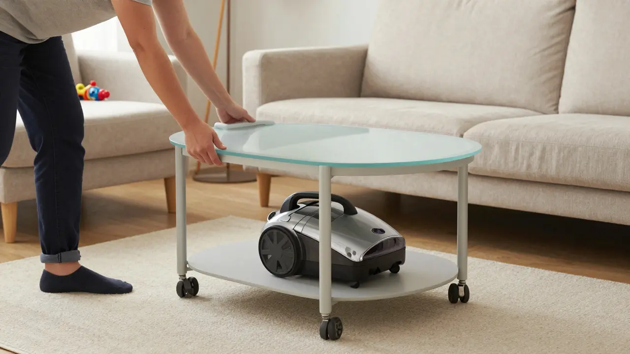 Rollbarer Couchtisch wird zur Seite geschoben, um Platz für den Staubsauger zu schaffen, in einem minimalistischen Wohnzimmer.
