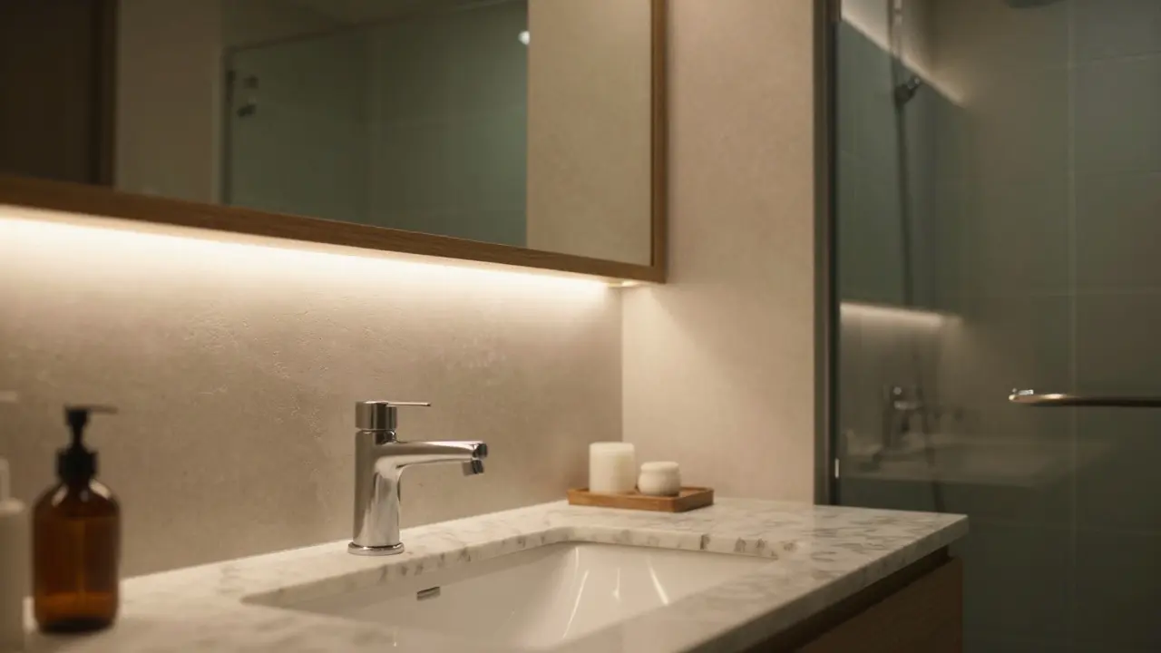 Schichtweise Beleuchtung in modernes Wellness-Bad bei abendlicher Stimmung