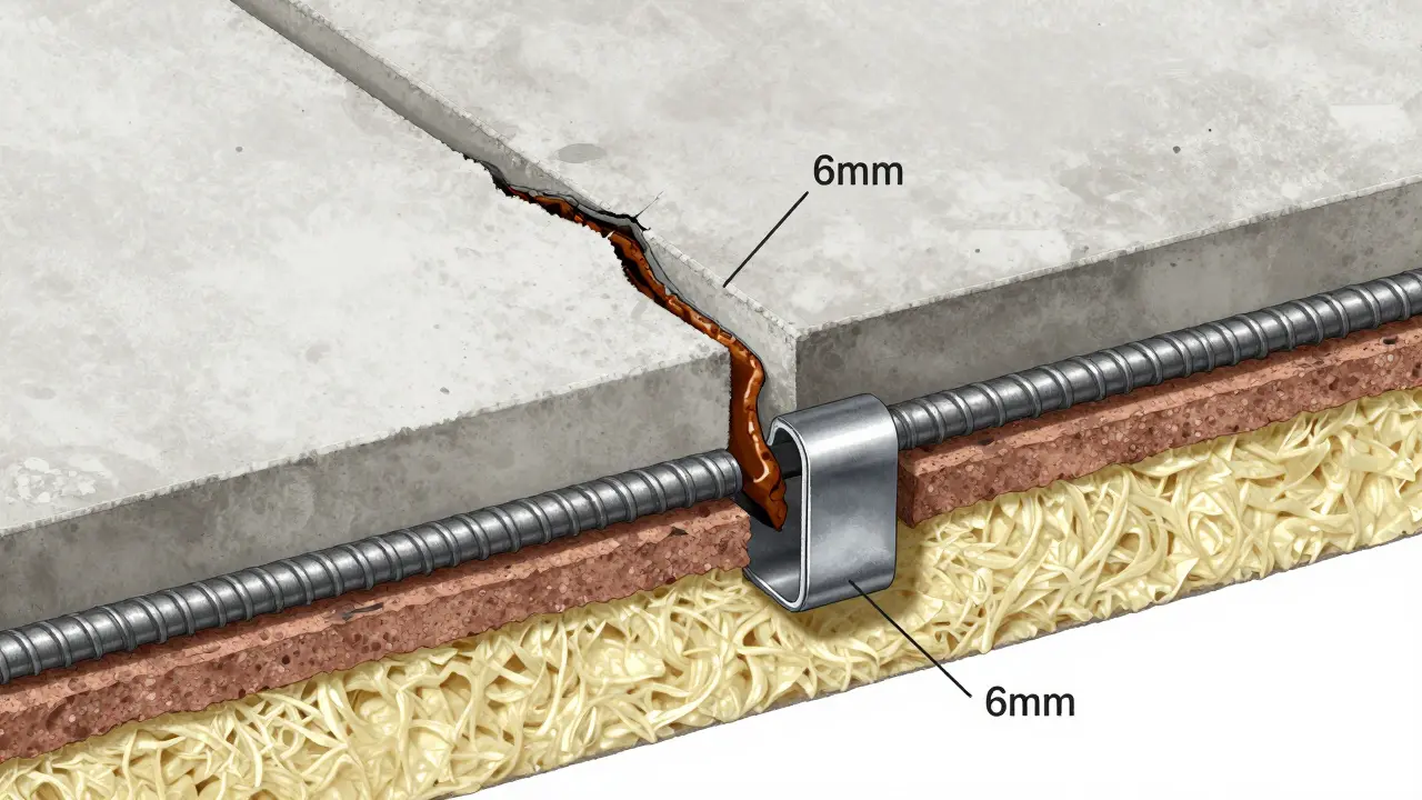 Schnittansicht eines reparierten Estrichs mit Injektionsharz, Stahlstab und Estrichklammer in strukturierten Schichten.