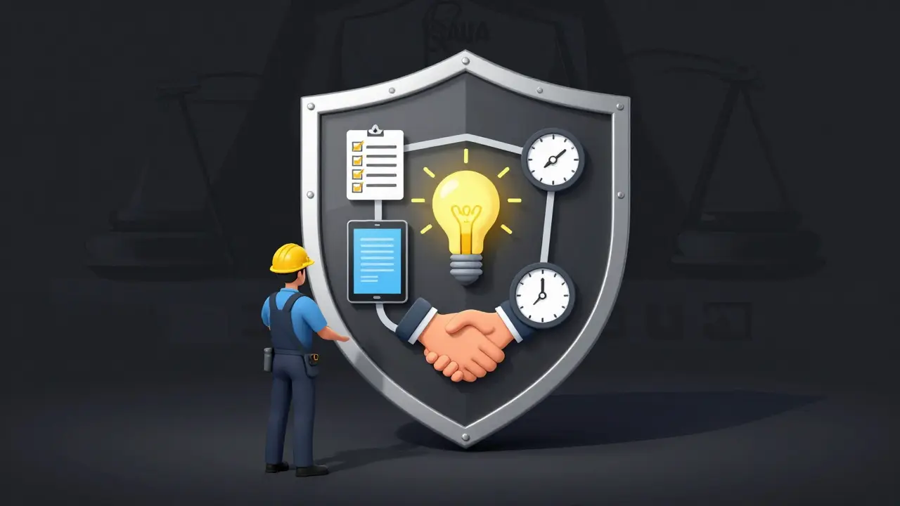 Schutzschild aus Checklisten, Tablet und Symbolen schützt Mitarbeiter vor rechtlichen Risiken und Unfällen im Immobilienmanagement.