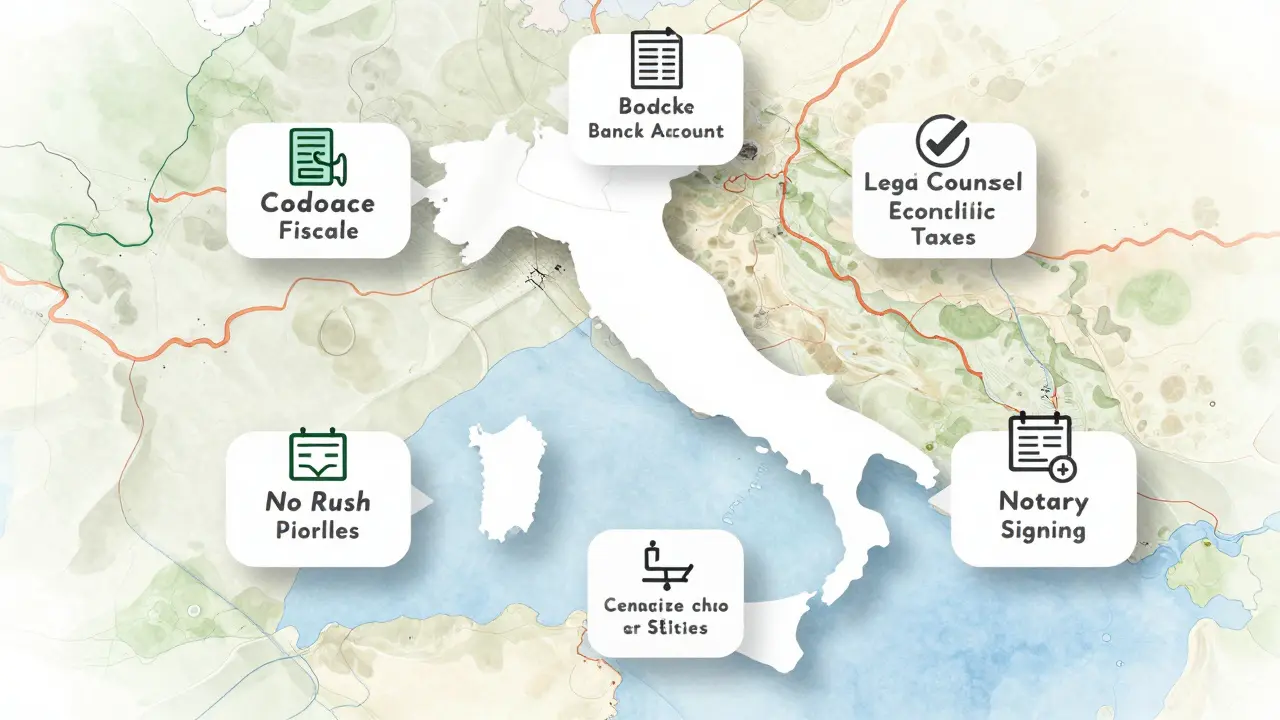 Sieben Schritte zum Immobilienkauf in Italien als ikonische Liste über einer Landkarte, stilisiert in Aquarell.