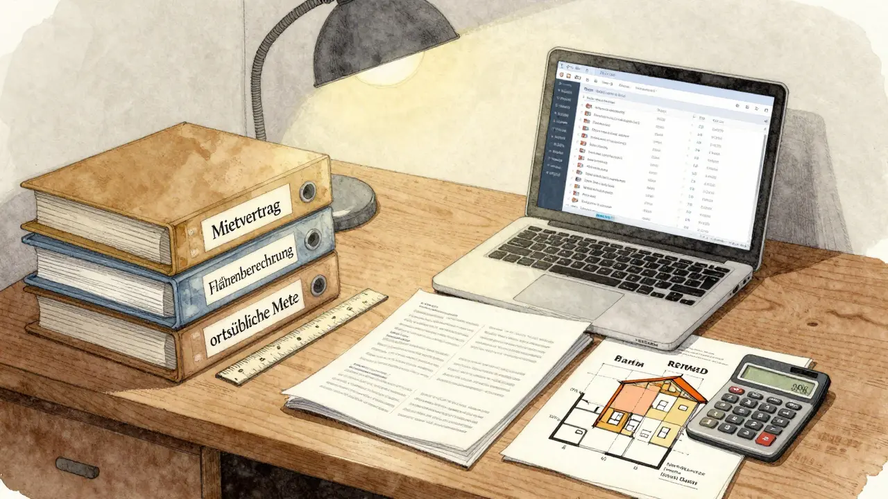 Steuerberater prüft Mietvertrag, Flächenberechnung und ortsübliche Mietdaten an einem Schreibtisch.