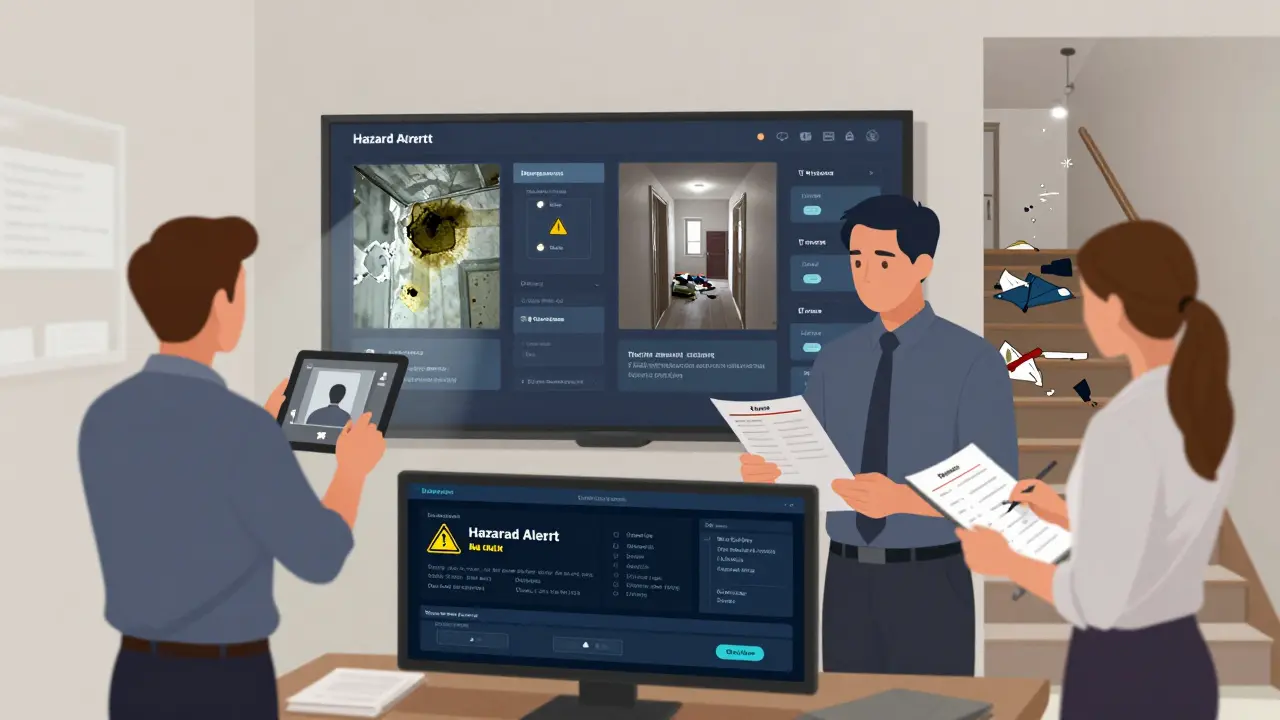 Team nutzt digitales Dashboard mit AR-Tool, um Schimmel, Elektrik und Treppenrisiken in Wohngebäuden zu dokumentieren.